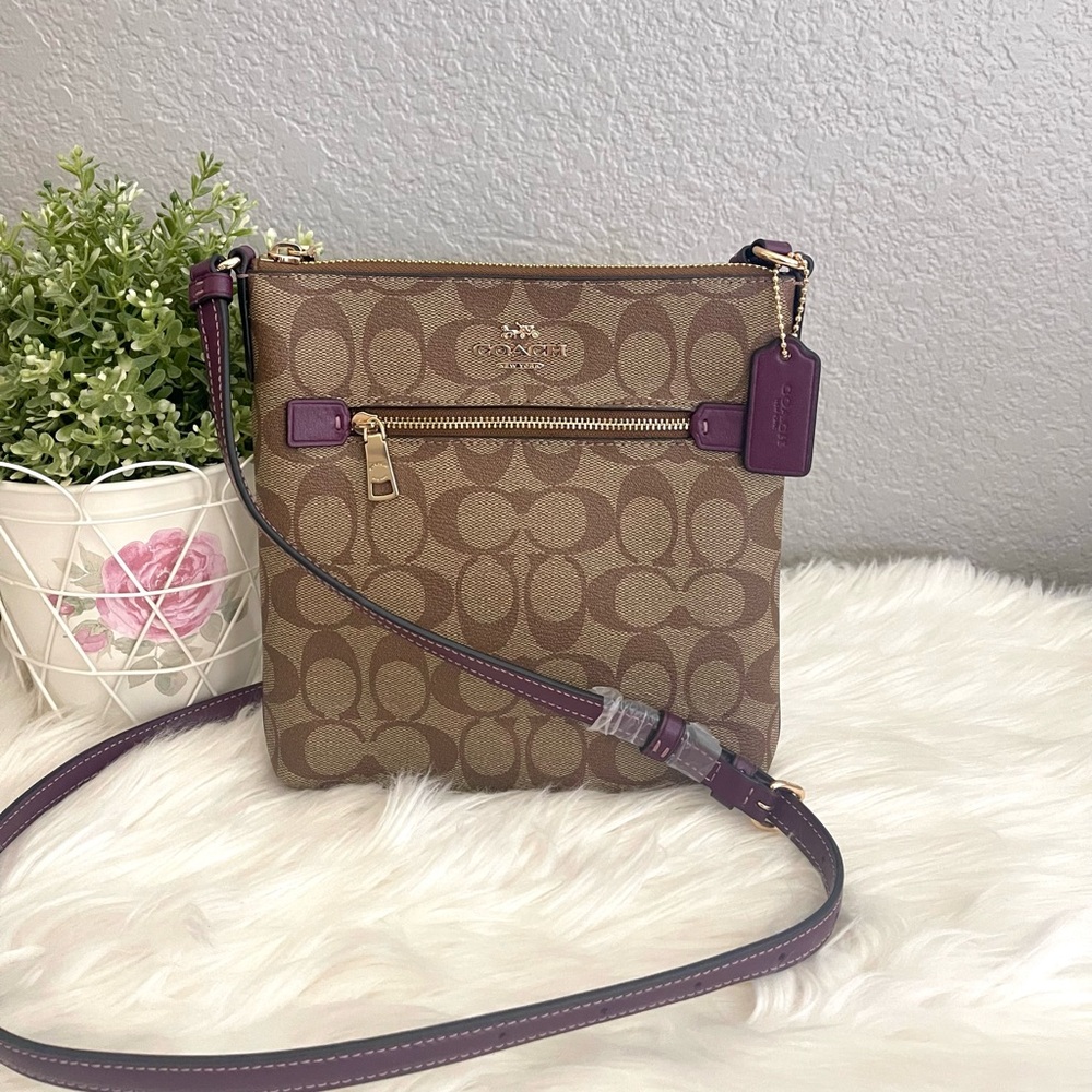 NWT *COACH*  Signature Mini Rowan File Bag KHAKI/DEEP/BERRY CF340